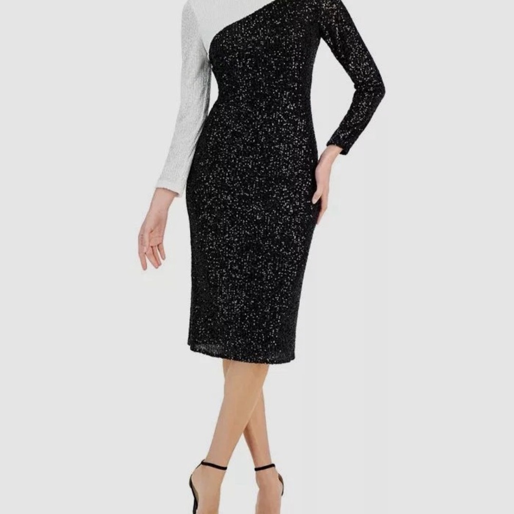 Anne Klein Black White Colorblock Sequin Round Neck Long Sleeve Dress NWT Sz. 12